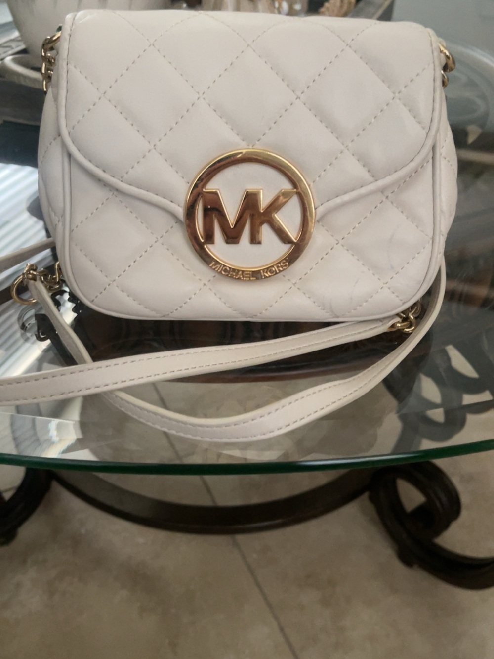 Michael Kors White Quilted Crossbody with Gold MK Medallion
